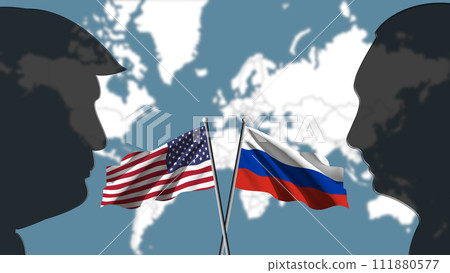 USA against Russia, the two superpowers challenge each other, with the silhouettes of Trump and Putin on the sides, the blurred map of the world in the background 111880577