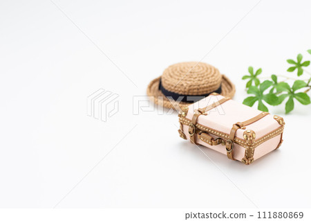 旅行袋行李箱和草帽 111880869