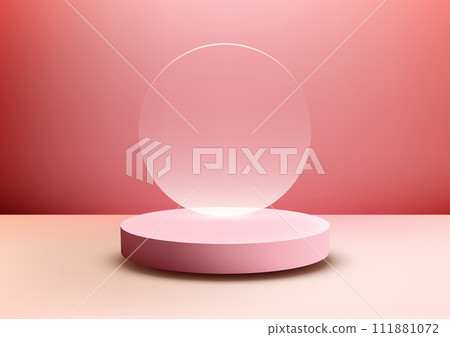 3D Pink podium with clear glass circle on top, set against a red background 111881072