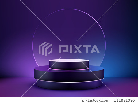 Abstract 3D podium with purple and blue neon lighting with circle glass backdrop technology style Abstract 3D podium with purple and blue neon lighting with circle glass backdrop technology style 111881080