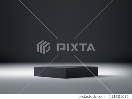 3D black podium product display illuminated by a spotlight in a dark room background 3D black podium product display illuminated by a spotlight in a dark room background 111881081