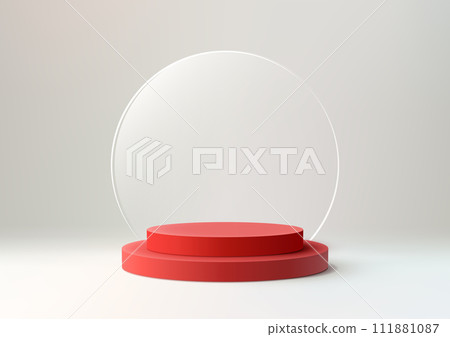 3D red podium with clear glass circle backdrop set against a white background 111881087