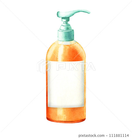 Full dish or hand soap dispenser with label for kitchen or bathroom. Hand drawn watercolor illustration isolated on white background. For clip art label package 111881114