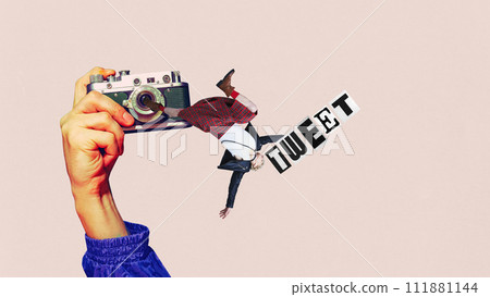 Contemporary art collage. Hand holding camera with person in plaid coming out of lens and word 'TWEET' on pink. Surrealistic art style. 111881144