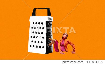 Contemporary art collage. Woman in orange jacket, checkered tights with cheese grater body against orange background. Surrealistic art style. Contemporary art collage. Woman in orange jacket, checkered tights with cheese grater body against orange background. Surrealistic art style. 111881148