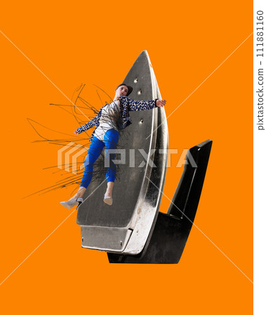 Modern aesthetic artwork. Depressed woman in leopard print top and blue leggings lying on an ironing board against orange backdrop. Surrealistic art style. 111881160