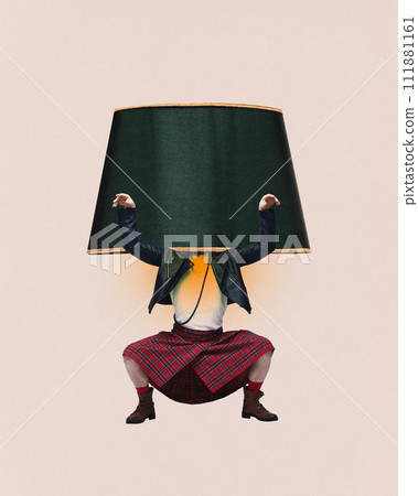 Contemporary art collage. Person with lampshade head, leather jacket, kilt, and boots squatting on beige background. Surrealism art style. 111881161