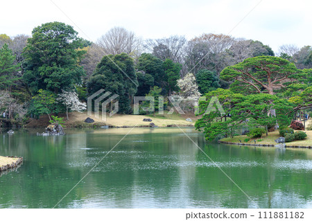 View of Rikugien Garden under cloudy sky View of Rikugien Garden under cloudy sky 111881182