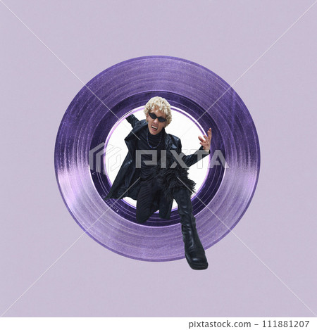 Modern aesthetic artwork. Man in extravagant attire posing inside a purple vinyl record-like circle on a pastel background. Vintage and surrealism art style. Modern aesthetic artwork. Man in extravagant attire posing inside a purple vinyl record-like circle on a pastel background. Vintage and surrealism art style. 111881207