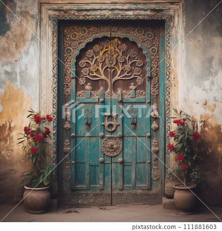 Old ornamental door in India Old ornamental door in India 111881603