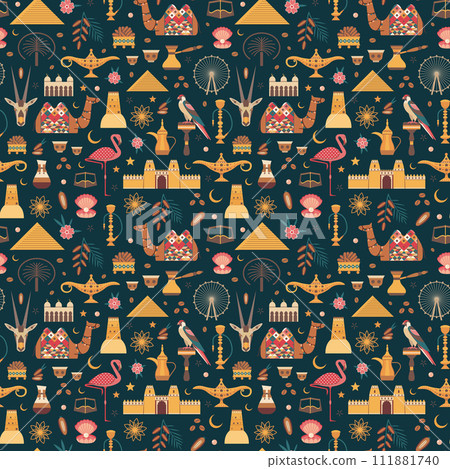 UAE Travel Pattern with Arabic Animals and Symbols 111881740