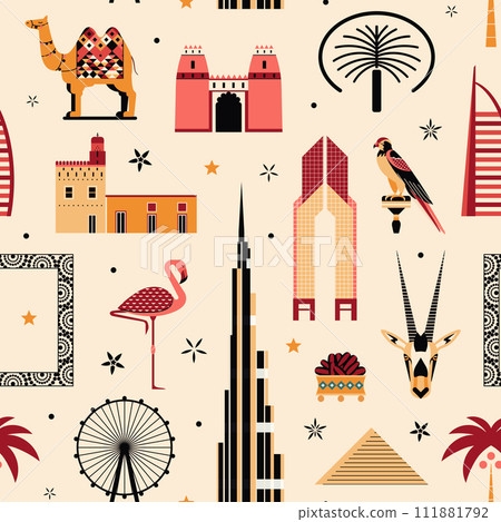 UAE Travel Pattern with Landmarks and Animals 111881792