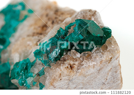 Macro mineral stone Dioptase silicate copper on a white background Macro mineral stone Dioptase silicate copper on a white background 111882120