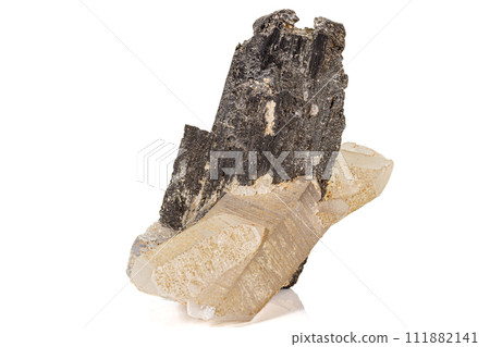 Macro of a stone wolframite mineral quartz fluorite on a white background 111882141