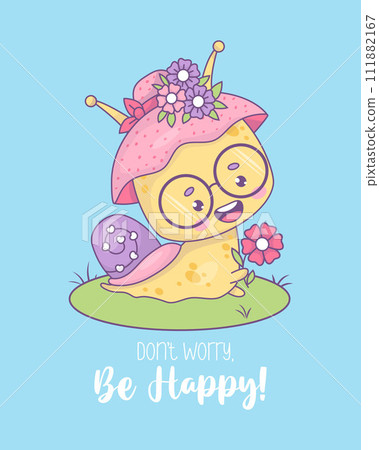 Funny snail character pretty woman in hat with flowers. Cute insect kawaii character. Vector illustration. Cool poster with happy slogan . 111882167