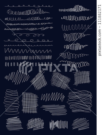 Hand drawn scribbles set. Grunge scrawls, charcoal scribbles, white pencil curly lines, curvature strokes, curved and shapes. Scrawl vector isolated textured elements on blue background. 111882171