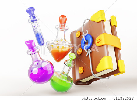 Magic potions and spell book, witchcraft 3d banner. Fantasy alchemy grimoire with elixir or poison. Witch or wizard diary and glass lab flasks with color liquid, Cartoon render icons. 3D illustration 111882528