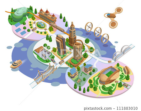 Woody Town - 3D futuristic illustration of a wooden eco-city with variations Woody Town - 3D futuristic illustration of a wooden eco-city with variations 111883010
