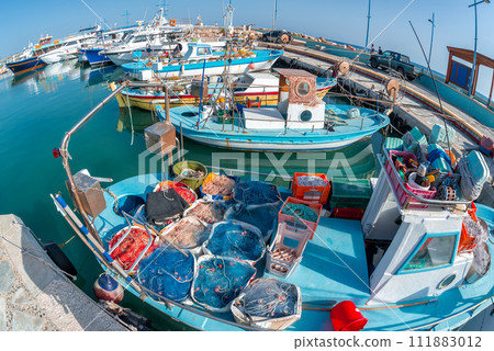 Traditional fishing boats at Ayia Anpa Harbor. Famagusta District, Cyprus 111883012
