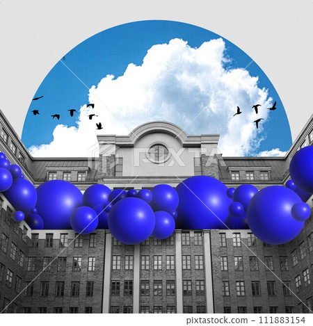 Monochrome building facade with blue spherical balloons under blue sky with clouds and bird silhouettes. Contemporary art collage. Monochrome building facade with blue spherical balloons under blue sky with clouds and bird silhouettes. Contemporary art collage. 111883154