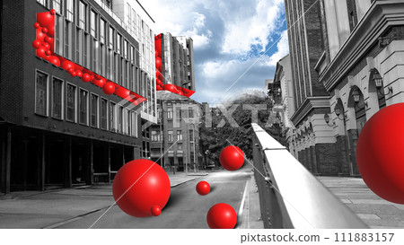 Urban street with monochrome modern buildings, oversized red spherical sculptures with partly cloudy sky. Contemporary art collage. Urban street with monochrome modern buildings, oversized red spherical sculptures with partly cloudy sky. Contemporary art collage. 111883157