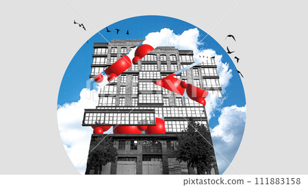 Black and white modern building with red geometric shapes, set against blue sky with clouds and bird silhouettes. Contemporary art collage. Black and white modern building with red geometric shapes, set against blue sky with clouds and bird silhouettes. Contemporary art collage. 111883158