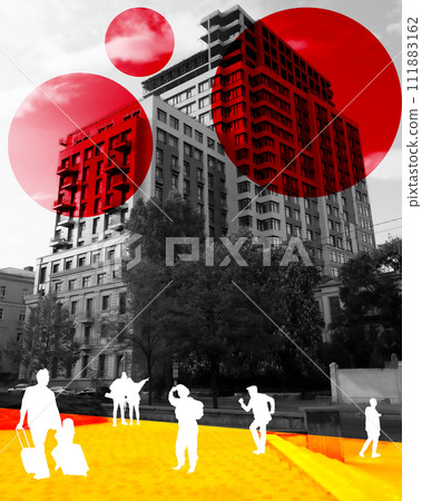 Monochrome image of modern buildings with red design elements and silhouettes of pedestrians. Contemporary art collage. 111883162