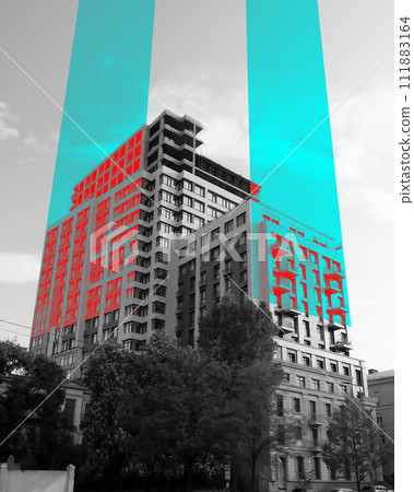Modern building with red highlights, divided by cyan vertical elements against grayscale city background. Contemporary art collage. 111883164