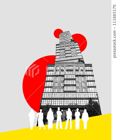 Monochrome building with red circular accents, white silhouettes of people, on yellow and white background. Contemporary art collage. 111883170