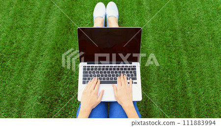Female hands woman working with laptop in summer park on green grass background Female hands woman working with laptop in summer park on green grass background 111883994