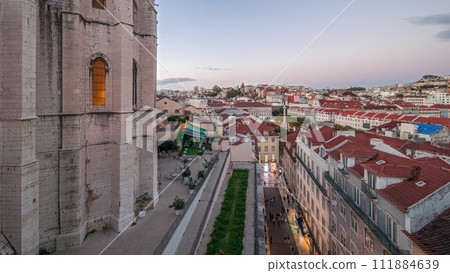 Panorama showing Alfama and Baixa districts of Lisbon aerial day to night timelapse, Portugal Panorama showing Alfama and Baixa districts of Lisbon aerial day to night timelapse, Portugal 111884639