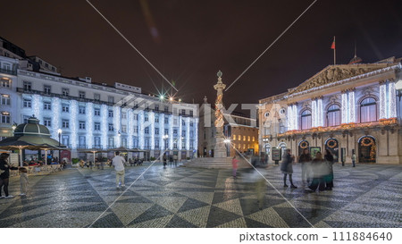 Panorama showing Municipal square with City Hall architecture decorated for Christmas and night celebrations night timelapse. Lisbon, Portugal 111884640