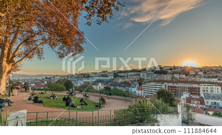 Panorama showing Jardim do Torel timelapse with views to the city center of Lisbon during sunset. Portugal Panorama showing Jardim do Torel timelapse with views to the city center of Lisbon during sunset. Portugal 111884644