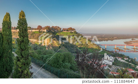 Panorama showing the Castle of Almourol on hill in Santarem aerial timelapse. Portugal Panorama showing the Castle of Almourol on hill in Santarem aerial timelapse. Portugal 111884647