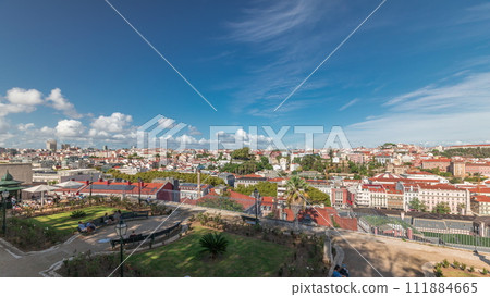 Panorama showing aerial view over the center of Lisbon timelapse from Miradouro de Sao Pedro de Alcantara 111884665