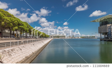 Panorama showing Lisbon Oceanarium timelapse, located in the Park of Nations. 111884669