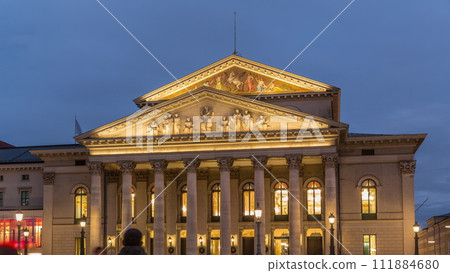 Munich National Theatre on the Max Joseph square day to night transition timelapse. Germany 111884680