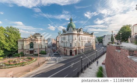 Panorama showing Theater Square with Main Post Office building aerial timelapse and Polish Theater Panorama showing Theater Square with Main Post Office building aerial timelapse and Polish Theater 111884697