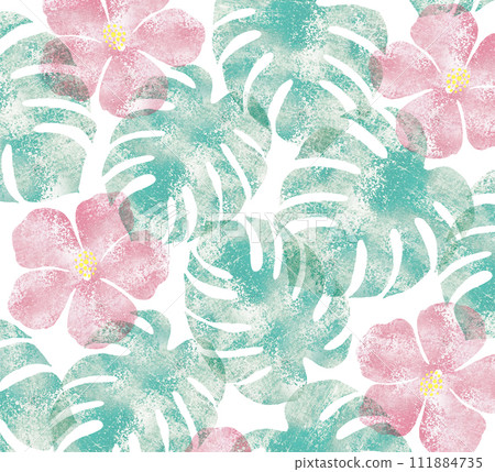Grunge watercolor hibiscus and monstera pattern Grunge watercolor hibiscus and monstera pattern 111884735