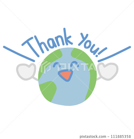 An illustration of a cutely deformed Earth character raising both hands and saying "Thank you" An illustration of a cutely deformed Earth character raising both hands and saying "Thank you" 111885358