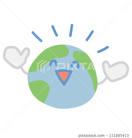一個可愛變形的地球角色高興地舉起雙手的插圖。 111885413