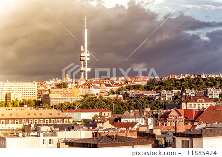 Prague skyline with Zizkov Television Tower. Czech Republic 111885424