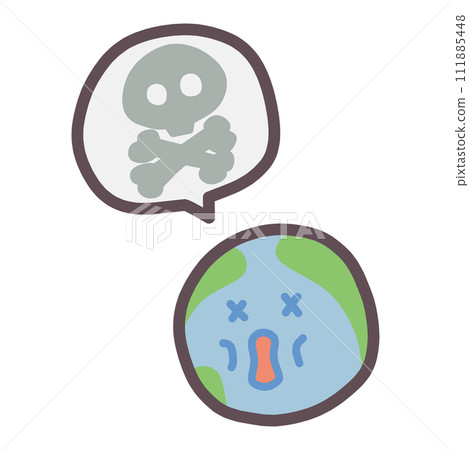 人物插圖描繪了一個衰弱的地球，帶有包含骷髏和交叉骨符號的語音氣泡。 111885448