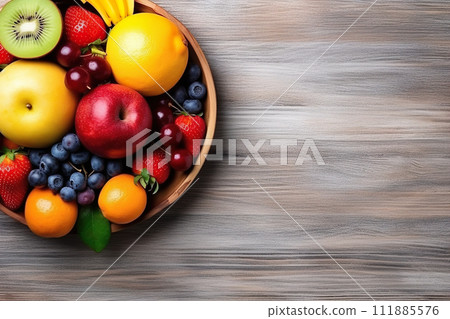 AI-generated content. Short food supply chains SFSCs. From garden to plate concept. A bowl of fresh fruit and berries. Flat lay, Copy space 111885576