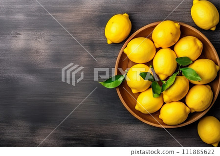 AI-generated content. Short food supply chains SFSCs.From garden to plate concept.A bowl of fresh lemons on the wood table.Flat lay,Copy space AI-generated content. Short food supply chains SFSCs.From garden to plate concept.A bowl of fresh lemons on the wood table.Flat lay,Copy space 111885622