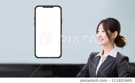 AI generated image business woman smartphone 111885669