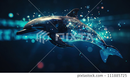 AI-generated content. Big data visualization where a digital dolphin swims in the data stream. Futuristic background. Generative AI 111885725