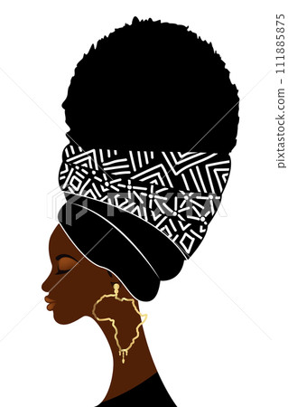 Portrait african woman with traditional head turban for Afro Curly hair. Africa luxury gold earrings. Typical headscarf. Beauty ethnic fashion design. Vector illustration isolated on white background 111885875