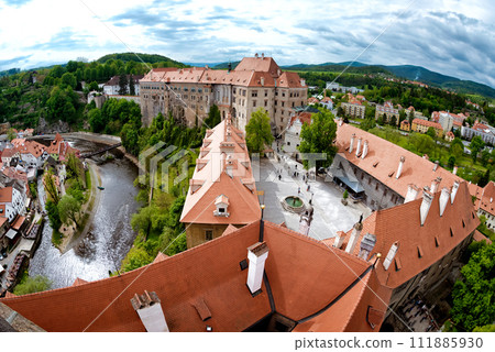 Aerial panorama of Cesky Krumlov Castle courtyard. South Bohemia, Czech Republic 111885930