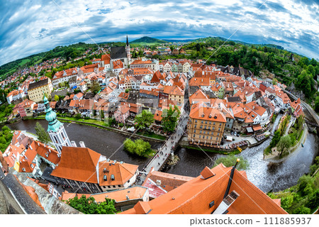 Aerial panorama of Cesky Krumlov. South Bohemia, Czech Republic 111885937
